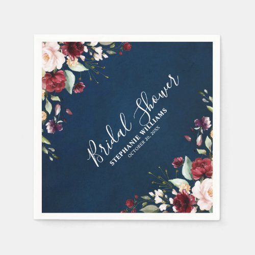Romantic Watercolor Burgundy Red Navy Floral Napkins