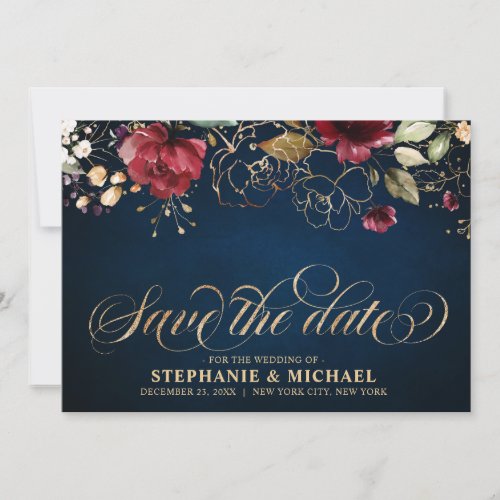 Romantic Watercolor Burgundy Red Navy Gold Floral Save The Date