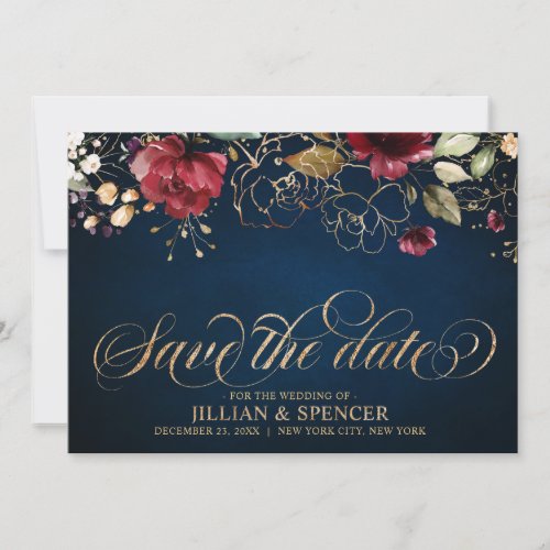 Romantic Watercolor Burgundy Red Navy Gold Floral Save The Date