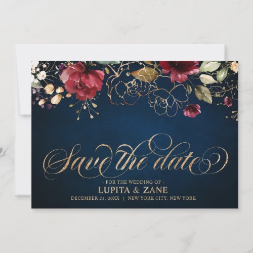 Romantic Watercolor Burgundy Red Navy Gold Floral Save The Date