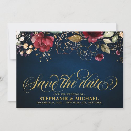 Romantic Watercolor Burgundy Red Navy Gold Floral Save The Date