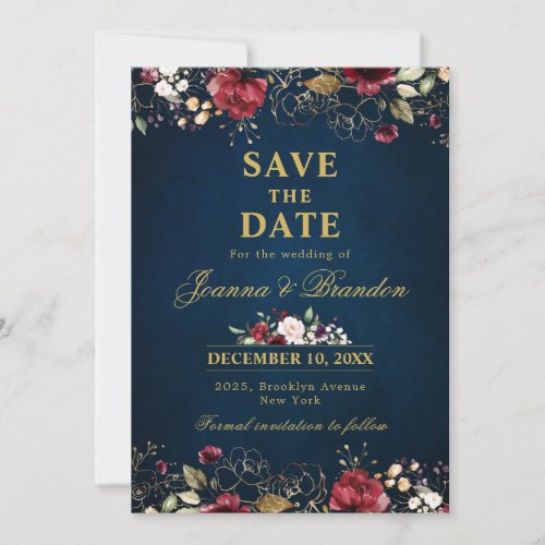 Romantic Watercolor Burgundy Red Navy Gold Floral Save The Date