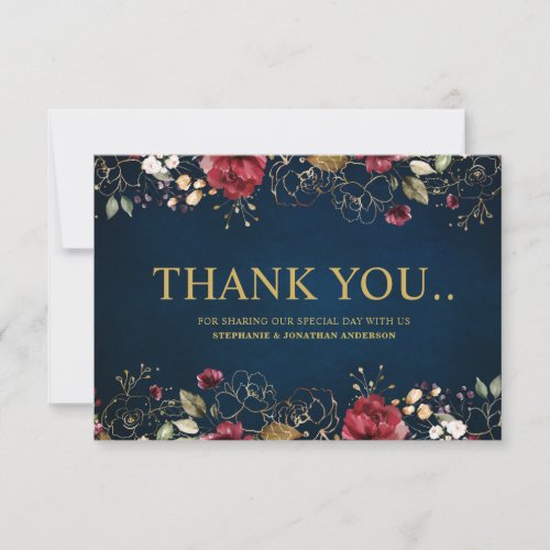 Romantic Watercolor Burgundy Red Navy Gold Floral Thank You Card