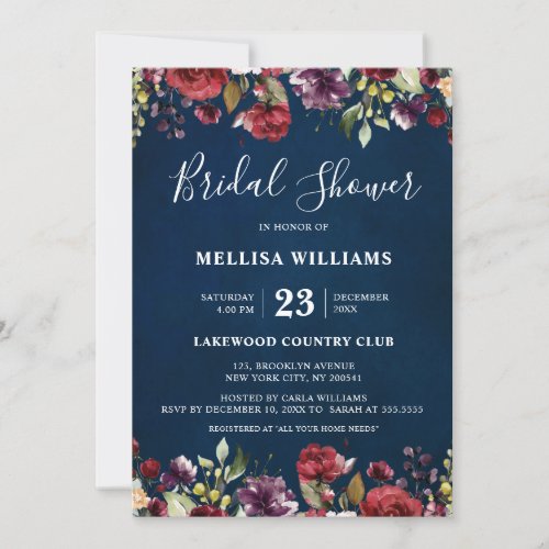 Romantic Watercolor Burgundy Red Navy Rose Floral Invitation