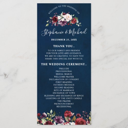 Romantic Watercolor Burgundy Red Navy Rose Floral Program