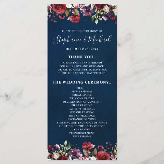 Romantic Watercolor Burgundy Red Navy Rose Floral Program (Front)