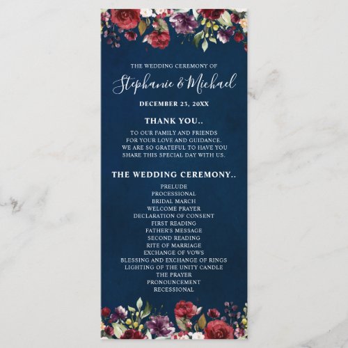 Romantic Watercolor Burgundy Red Navy Rose Floral Program