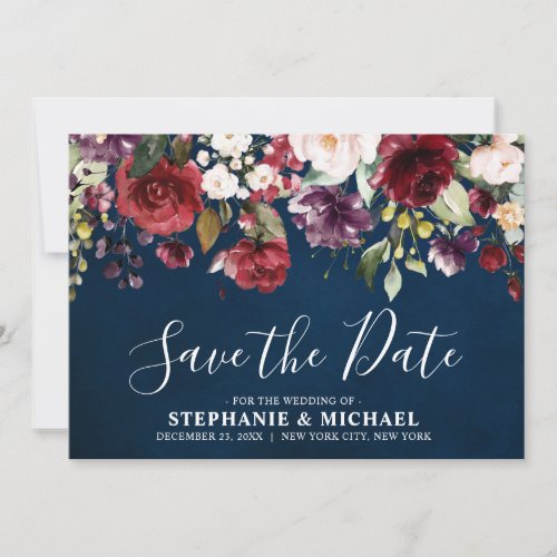 Romantic Watercolor Burgundy Red Navy Rose Floral Save The Date