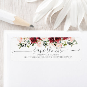 Romantic Watercolor Burgundy Roses Save the Date Label