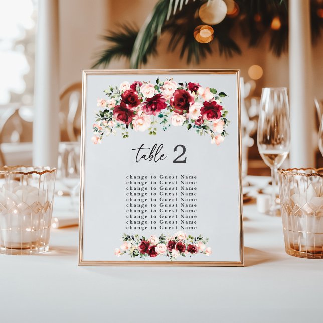 Romantic Watercolor Burgundy Roses Wedding Seating (Creator Uploaded)