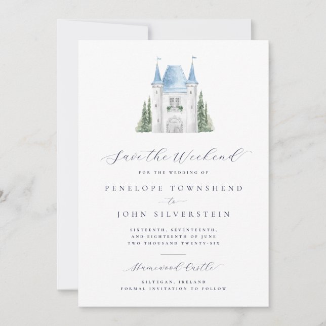 Romantic Watercolor Castle Weekend Wedding  Save The Date (Front)