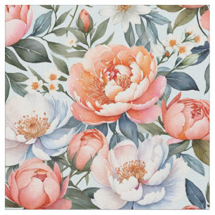 Romantic Watercolor Coral Peonies Floral Pattern Fabric