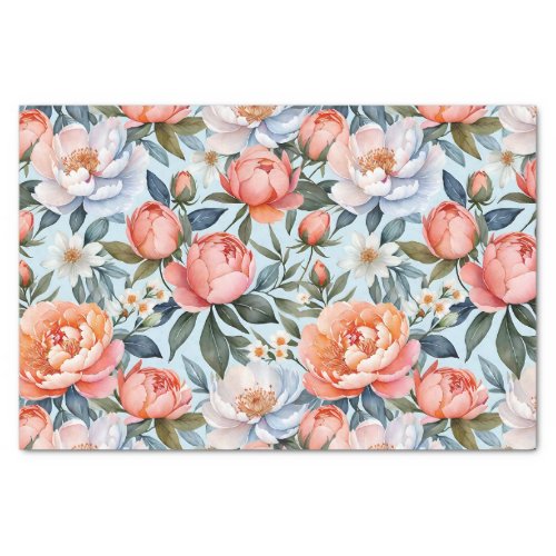 Romantic Watercolor Coral Peonies Floral Pattern Tissue Paper