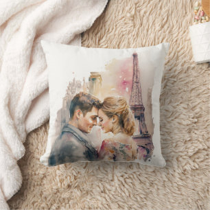 Romantic Watercolor Couples in Paris Throw Pillow