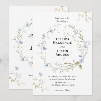 Romantic Watercolor Dusty Blue Wildflower Wedding Invitation