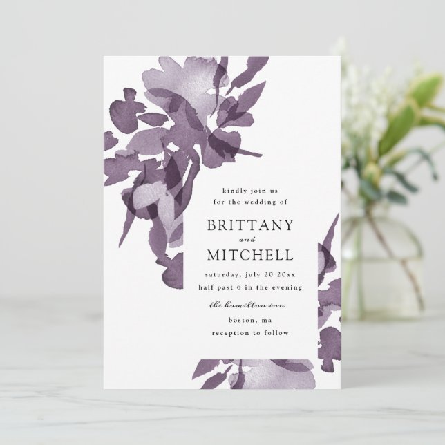 Romantic Watercolor Floral Amethyst Wedding Invitation (Standing Front)