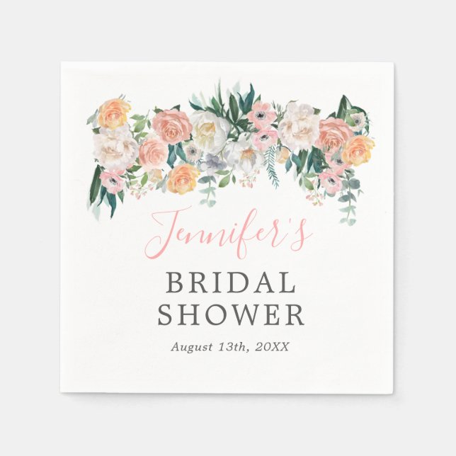 Romantic Watercolor Floral Bridal Shower Napkin (Front)