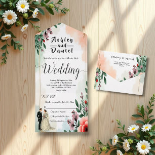 Romantic Watercolor Floral Bride And Groom Wedding All In One Invitation