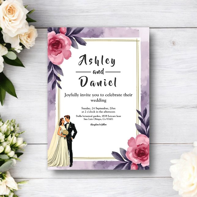Romantic Watercolor Floral Bride And Groom Wedding Invitation (Creator Uploaded)