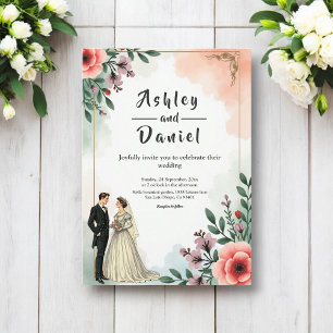 Romantic Watercolor Floral Bride And Groom Wedding Invitation