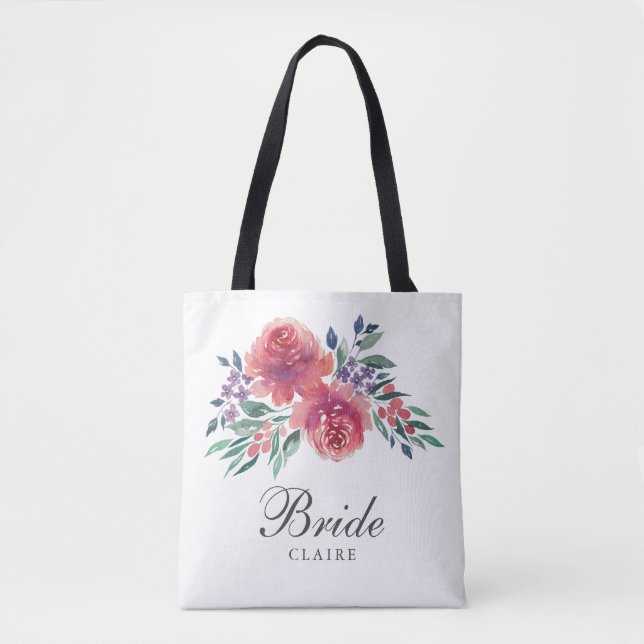 Romantic Watercolor Floral Bride Tote Bag (Front)