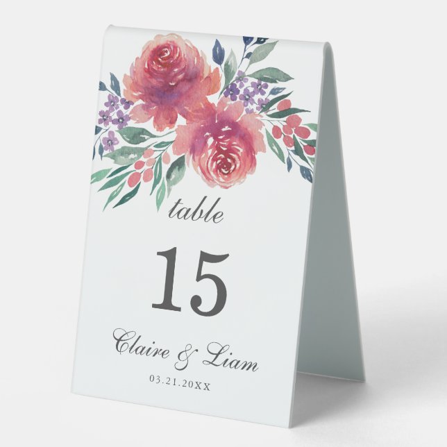 Romantic Watercolor Floral Country Wedding  Number Table Tent (Front)