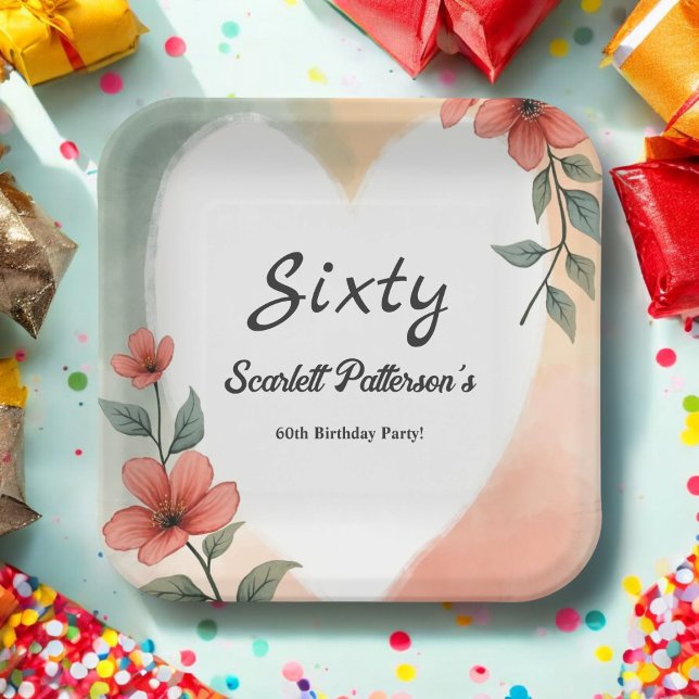 Romantic Watercolor Floral Dusty 60th Birthday Paper Plates (Creator Uploaded)