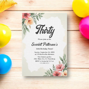 Romantic Watercolor Floral Elegant 30th Birthday Invitation