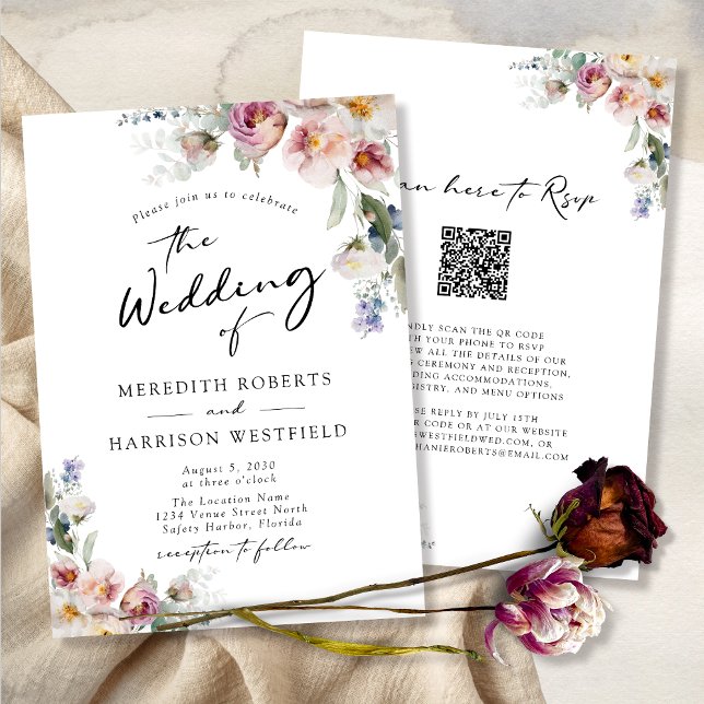 Romantic Watercolor Floral Eucalyptus Wedding Invitation (WeddingInvitation-QRCodeRSVP-RomanticFloralEucalyptus)