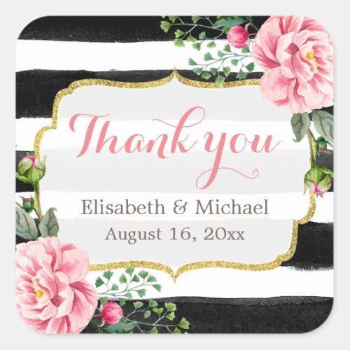 Romantic Watercolor Floral Gold Striped Thank You Square Sticker
