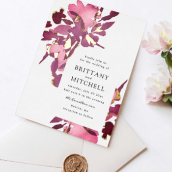 Romantic Watercolor Floral Plum Gold Foil Invitation by beckynimoy at Zazzle