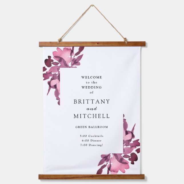 Romantic Watercolor Floral Plum Wedding Hanging Tapestry (Front)