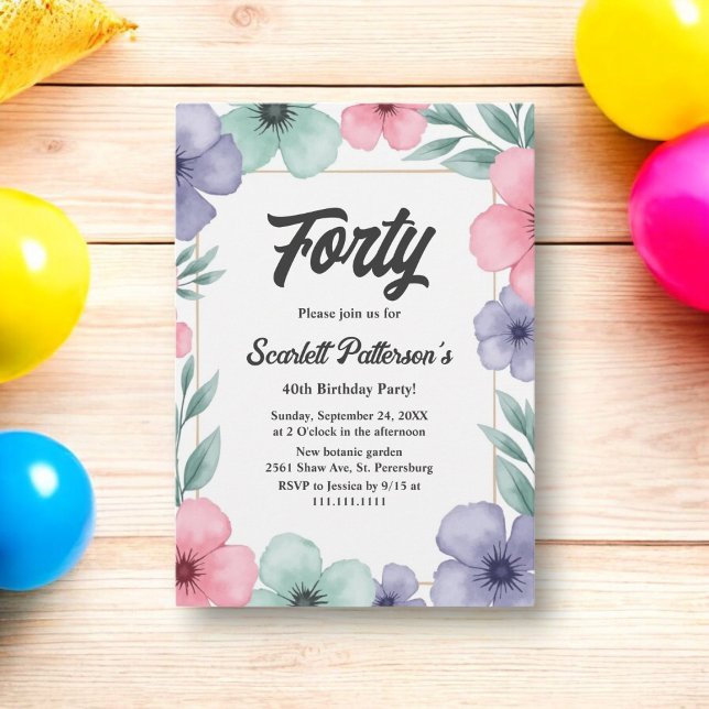 Romantic Watercolor Floral Rustic 40th Birthday Invitation (Creator Uploaded)