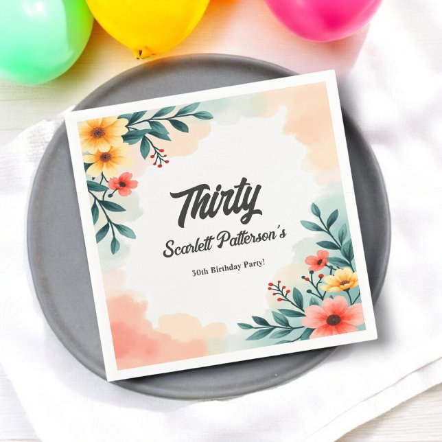 Romantic Watercolor Floral Summer 30th Birthday Napkins (Creator Uploaded)