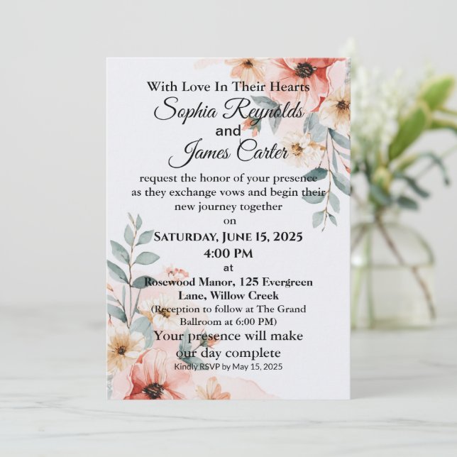 Romantic Watercolor Floral Wedding Invitation (Standing Front)