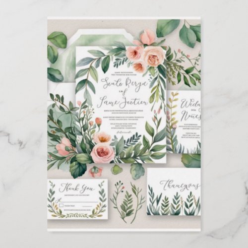 Romantic Watercolor Floral Wedding Invitation  Ru Foil Invitation