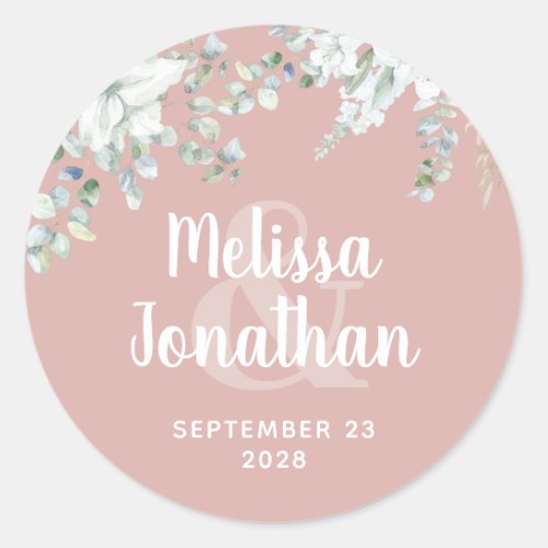 Romantic watercolor floral white flowers wedding   classic round sticker