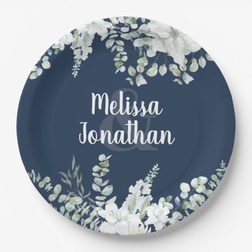 Romantic watercolor floral white flowers wedding paper plates