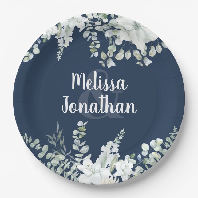 Romantic watercolor floral white flowers wedding paper plates (Front)