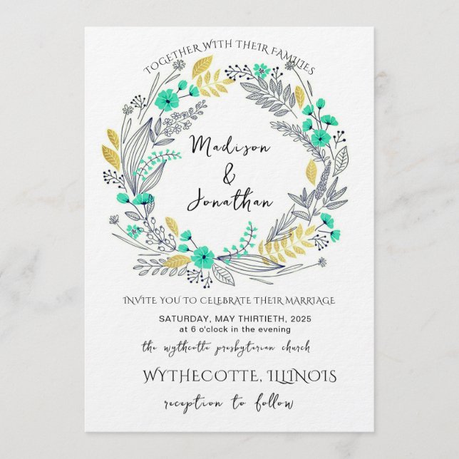 Romantic Watercolor Flower Wreath Wedding Invitation (Front)