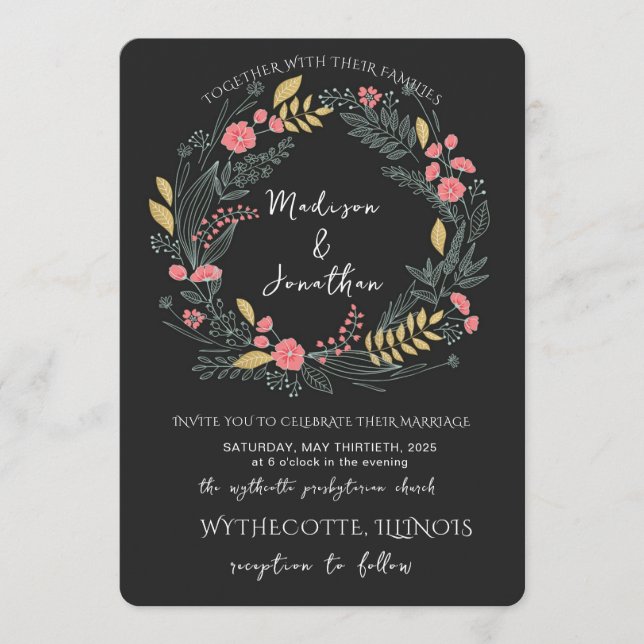 Romantic Watercolor Flower Wreath Wedding Invitation (Front)