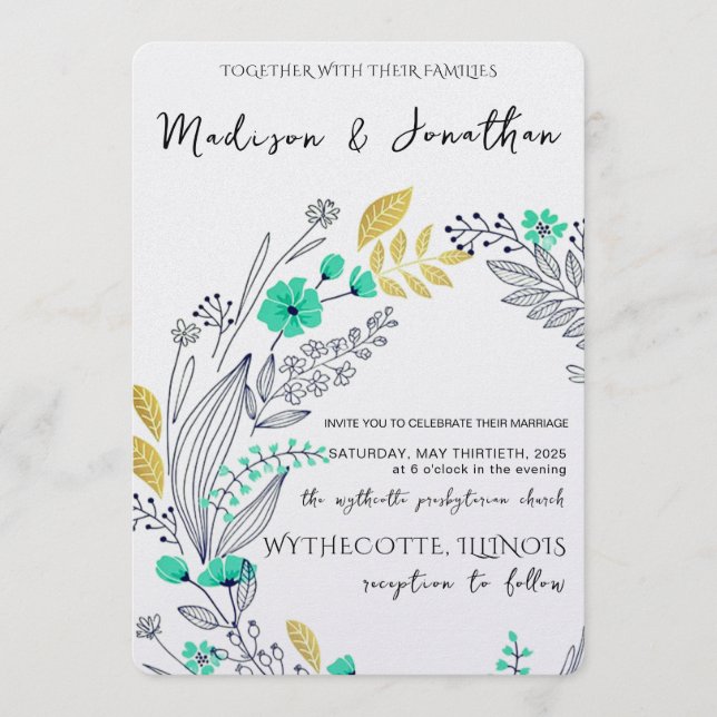 Romantic Watercolor Flower Wreath Wedding Invitation (Front)