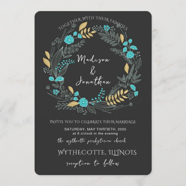 Romantic Watercolor Flower Wreath Wedding Invitation (Front)