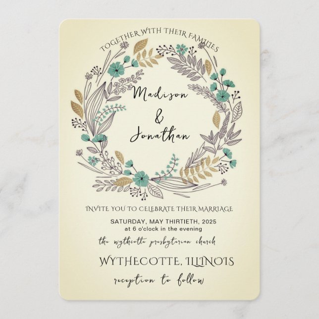 Romantic Watercolor Flower Wreath Wedding Invitation (Front)