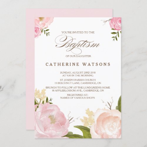 Romantic Watercolor Flowers Baptism Invitation