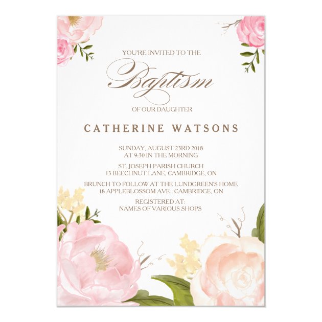 Romantic Watercolor Flowers Baptism Invitation