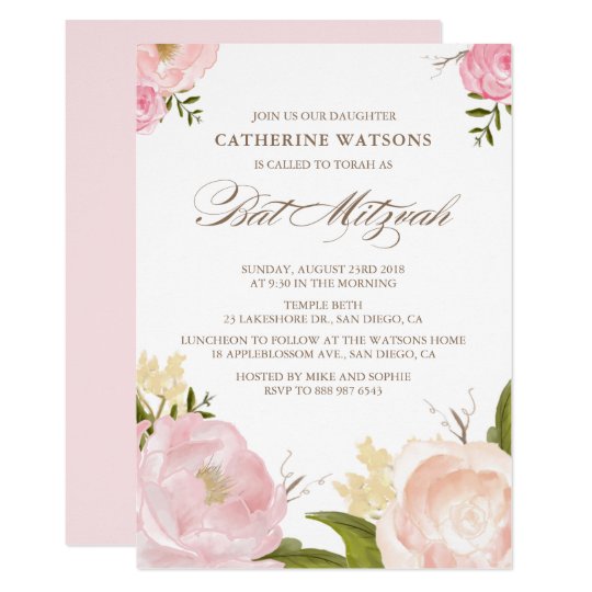 Romantic Watercolor Flowers Bat Mitzvah Invitation