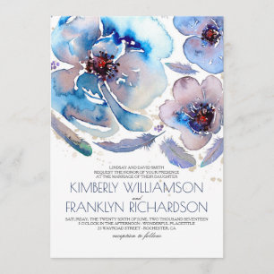 Romantic Watercolor Flowers Blue Boho Wedding Invitation