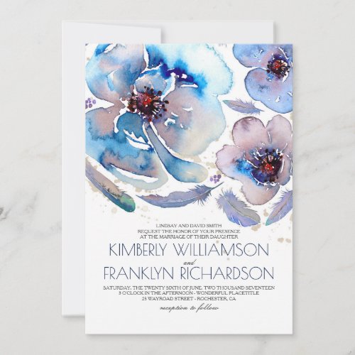 Romantic Watercolor Flowers Blue Boho Wedding Invitation - Blush and blue watercolor vibrant flowers and pastel feathers bohemian wedding invitation. --- All design elements created by Jinaiji
