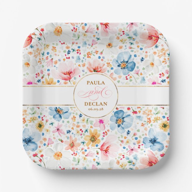 Romantic Watercolor Flowers Boho Garden Wedding Paper Plates (Front)